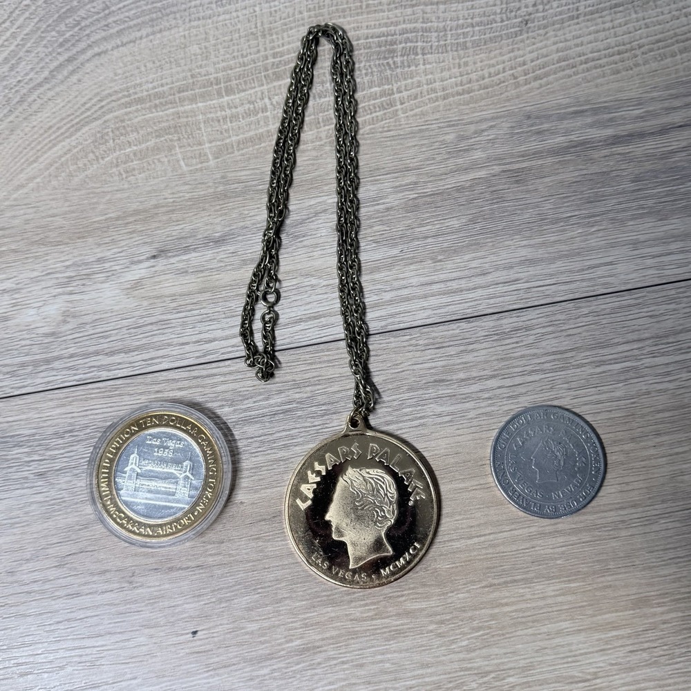 Las Vegas Casino Token Lot McCarran Airport Silver Gaming Coin Necklace Set